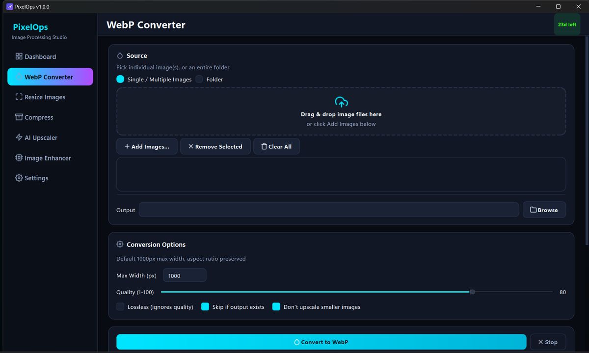 PixelOps WebP Converter screen — batch convert JPG PNG to WebP