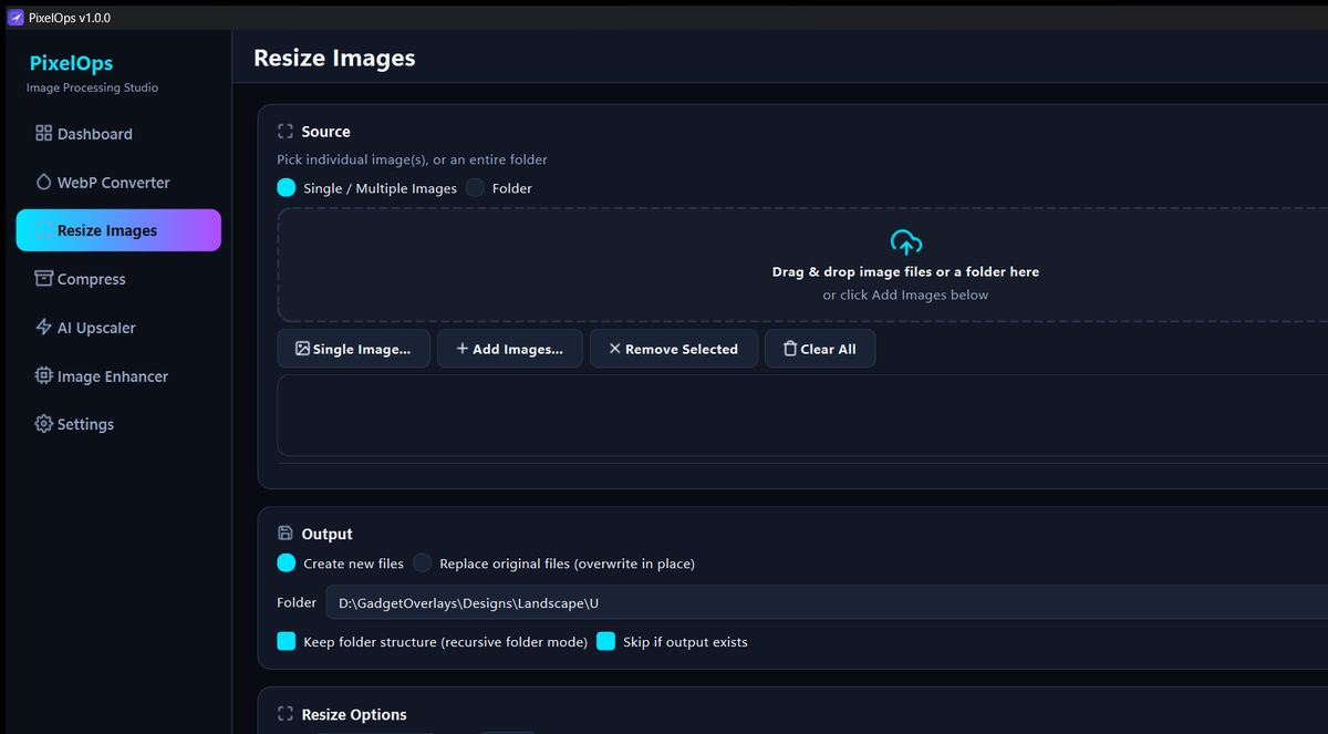 PixelOps Resize Images screen — bulk resize by pixels or print DPI