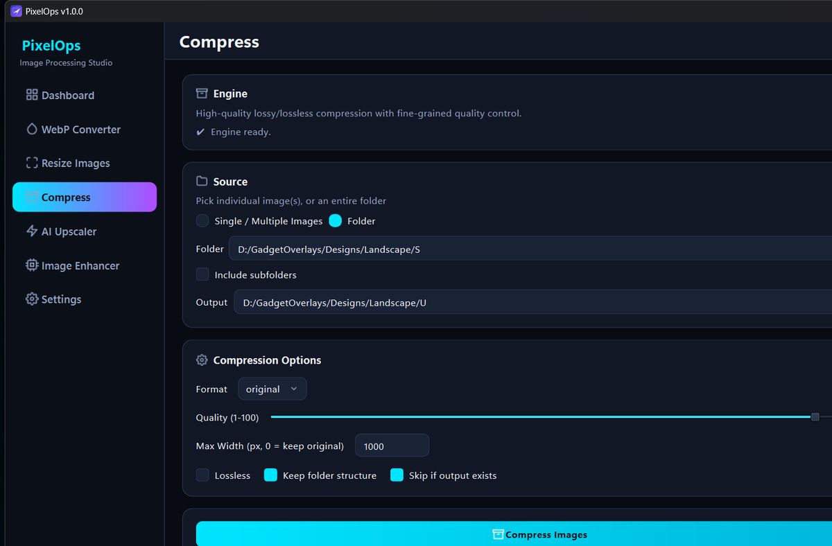 PixelOps Compress screen — batch image compression with quality control