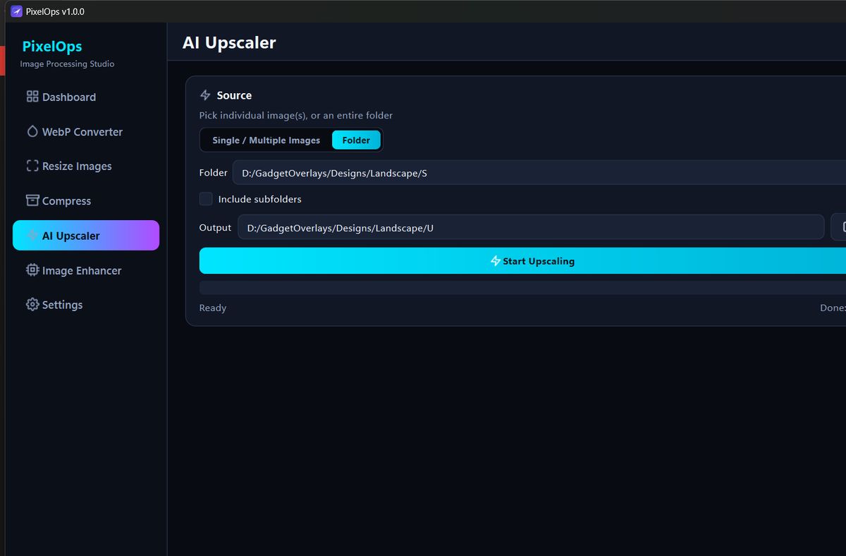 PixelOps AI Upscaler screen in Folder mode — upscale images up to 4x