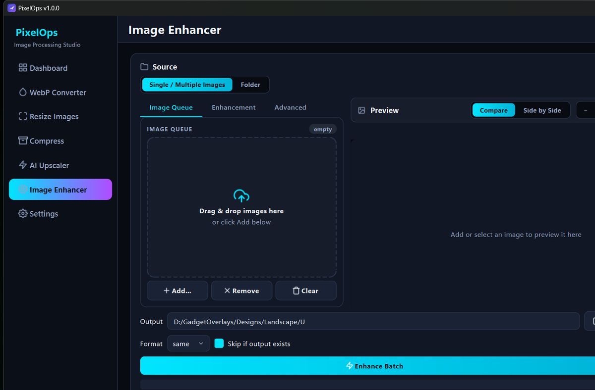 PixelOps Image Enhancer screen — 13 color grading profiles