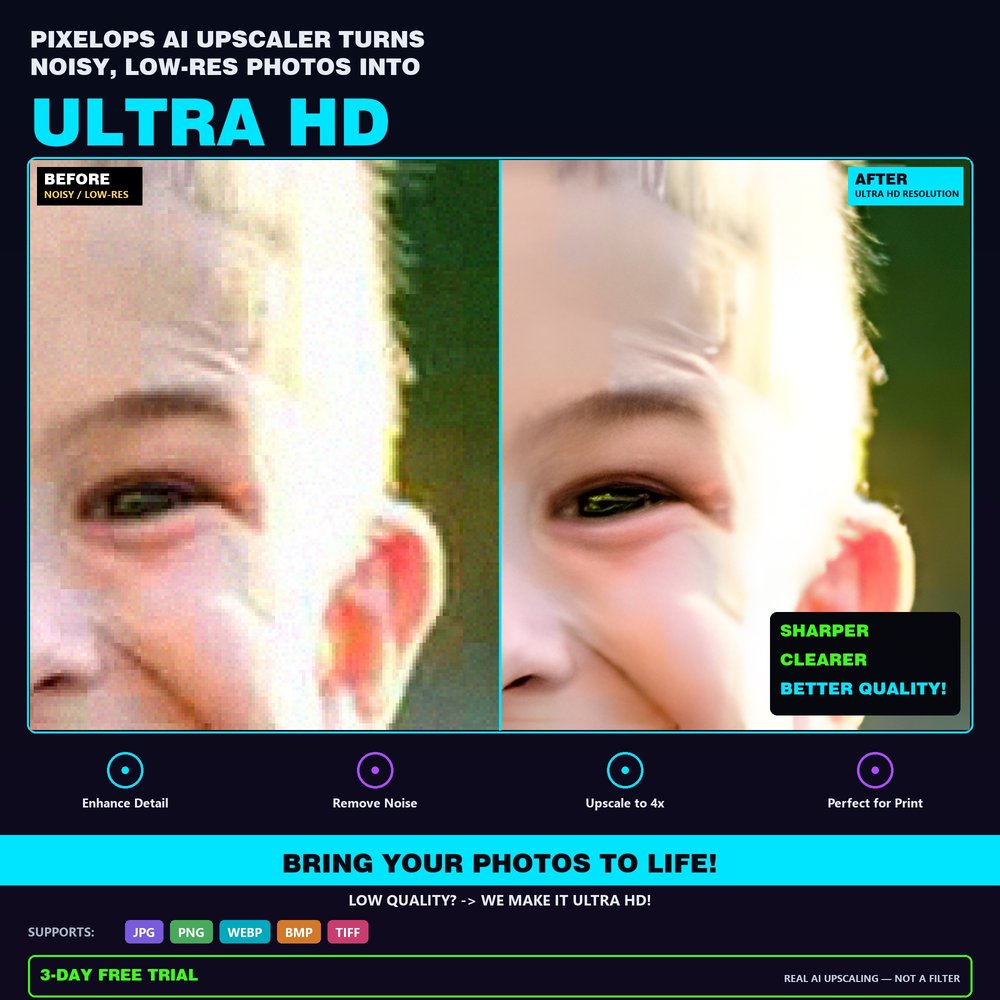Noisy low-resolution photo restored to ultra HD detail with PixelOps AI Upscaler
