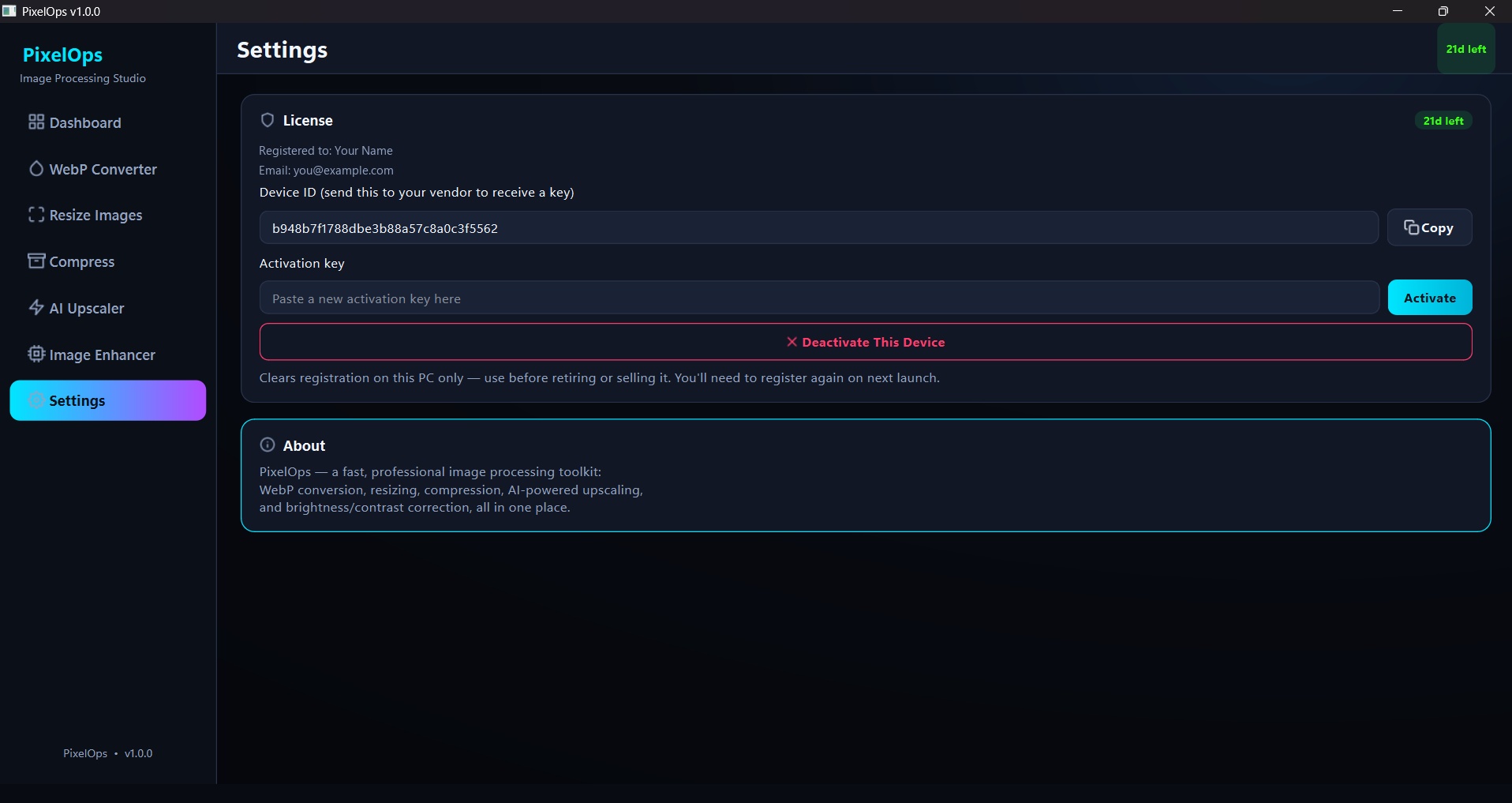 Settings page